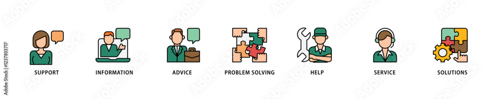 Help desk icon set flow process which consists of support, information, advice, problem solving, help, service and solutions icon live stroke and easy to edit . Help desk icon set flow process which consists of support, information, advice, problem solving, help, service and solutions icon live stroke and easy to edit .