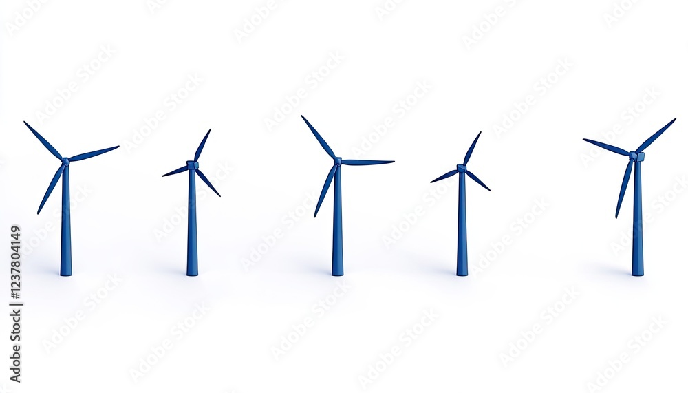 Five blue wind turbines arranged in a row against a white background, symbolizing renewable energy Five blue wind turbines arranged in a row against a white background, symbolizing renewable energy
