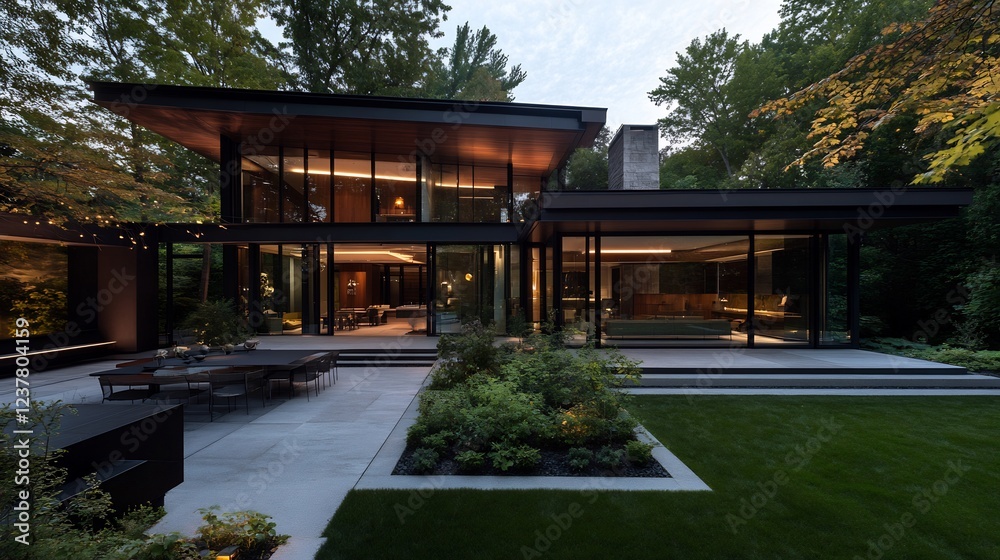Modern House Design: Twilight Elegance in a Lush Green Setting Modern House Design: Twilight Elegance in a Lush Green Setting