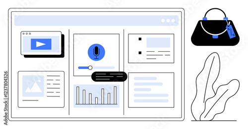 Laptop screen displaying tools video player, microphone, text, image, chart, with handbag and plant. Ideal for remote work, productivity, technology data analysis organization workspace setup