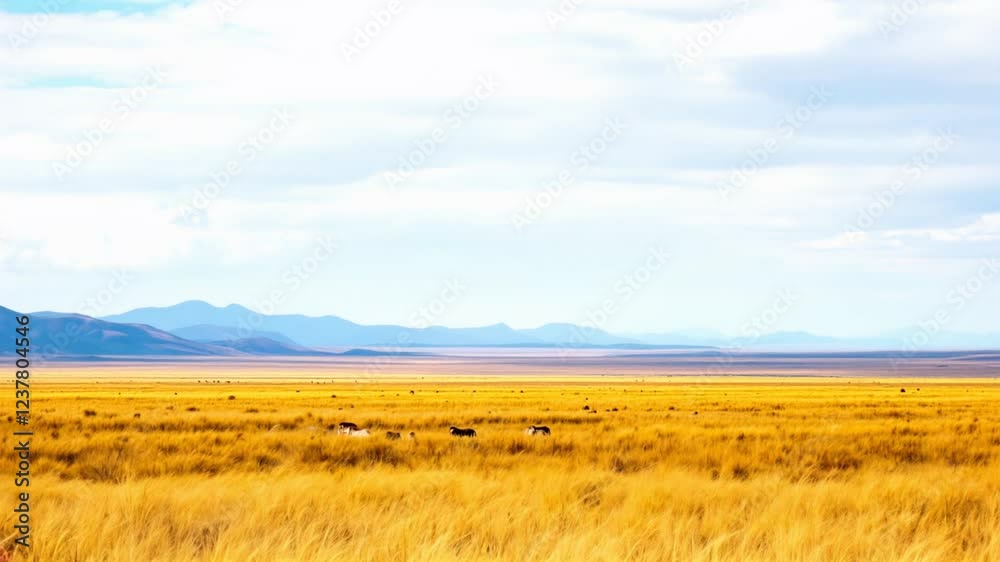 Golden grasslands, distant mountains, livestock grazing, sunny day, travel poster Golden grasslands, distant mountains, livestock grazing, sunny day, travel poster