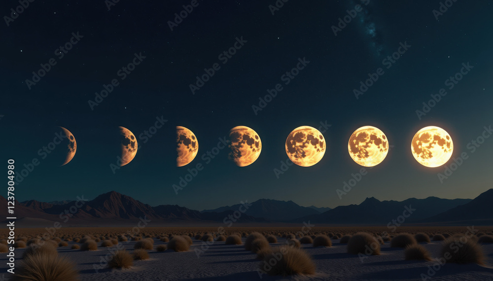 Fototapeta premium Eight Golden Moon Phases Arcing Over Nocturnal Desert Landscape with Mountain Silhouettes 