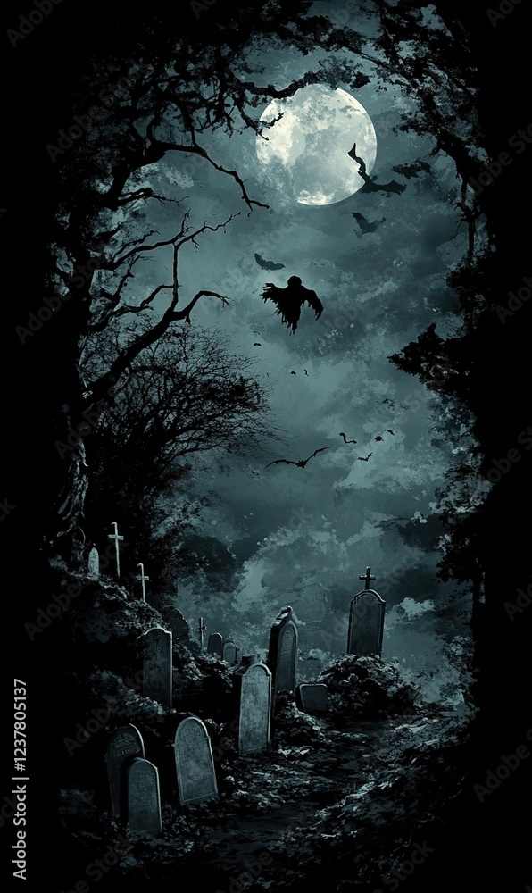 Fototapeta premium Spooky Graveyard Moonlight Halloween Night Cemetery