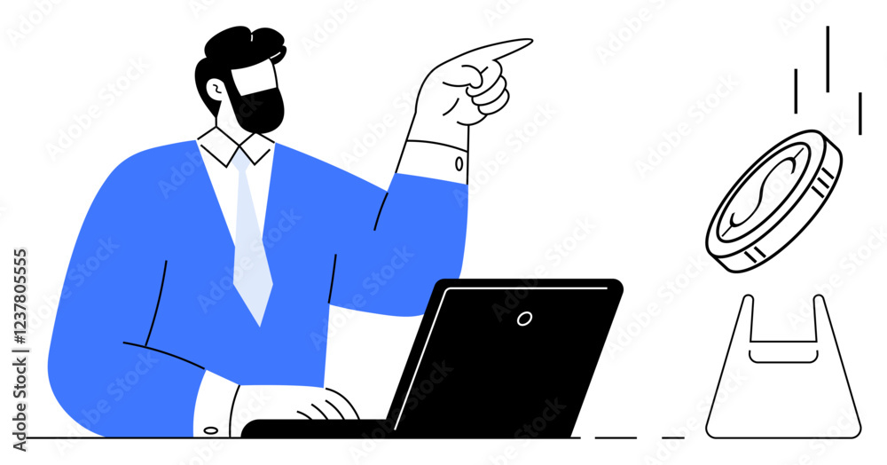Businessman pointing hand towards coin, working on laptop. Ideal for business growth, financial management, decision making, success, opportunity, productivity goal setting. Abstract line flat Businessman pointing hand towards coin, working on laptop. Ideal for business growth, financial management, decision making, success, opportunity, productivity goal setting. Abstract line flat