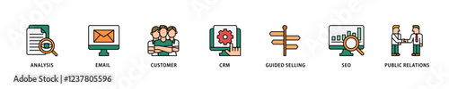 Inbound marketing icon set flow process which consists of analysis, email, customer, crm, guided selling, seo and public relations icon live stroke and easy to edit .
