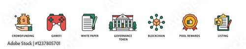 IGO icon set flow process which consists of crowdfunding, gamefi, white paper, governance token, blockchain, pool rewards and listing icon live stroke and easy to edit .