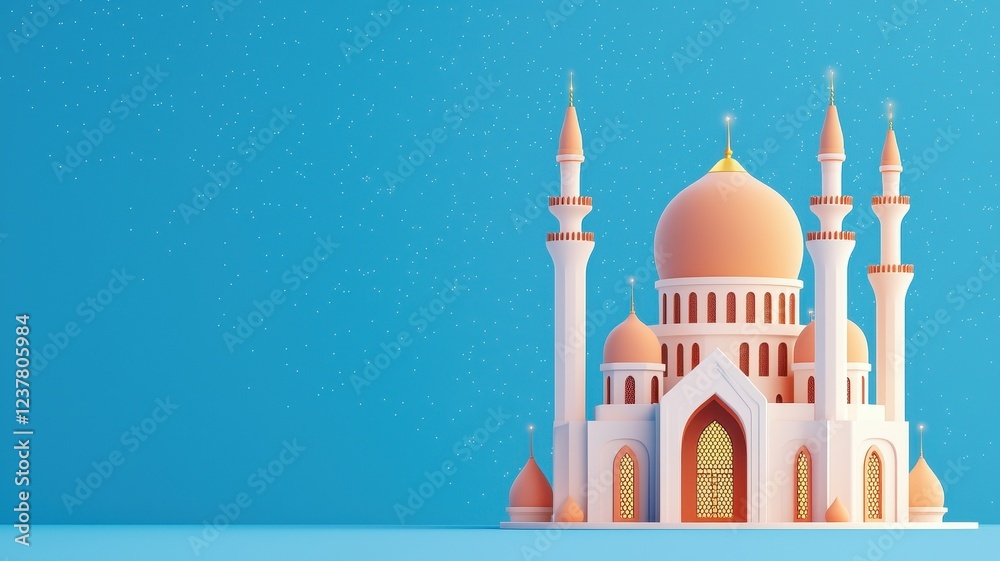 Fototapeta premium Ramadan mosque illustration. Colorful mosque against a blue background with decorative elements.