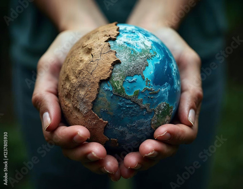 Planet earth with one half destroyed and one half preserved, earth day concept, environment preservation concept, Generative AI photo