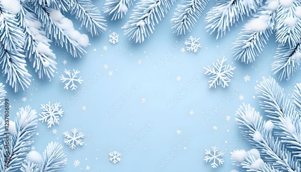 Snowy Pine Branches Frame Winter Snowflakes Design Snowy Pine Branches Frame Winter Snowflakes Design