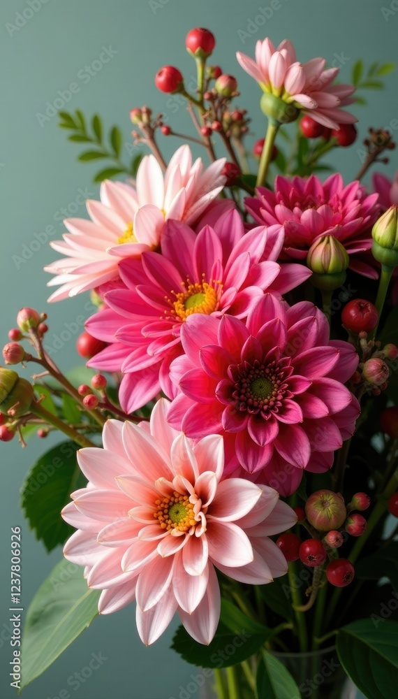 Fototapeta premium Fresh dahlia bouquet with greenery and berries, arrangement, nature