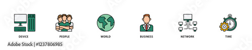 Internet of things icon set flow process which consists of device, people, world, business, network and time icon live stroke and easy to edit .