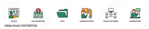 Intranet icon set flow process which consists of access, collaboration, data, communication, private network, and information technology icon live stroke and easy to edit .