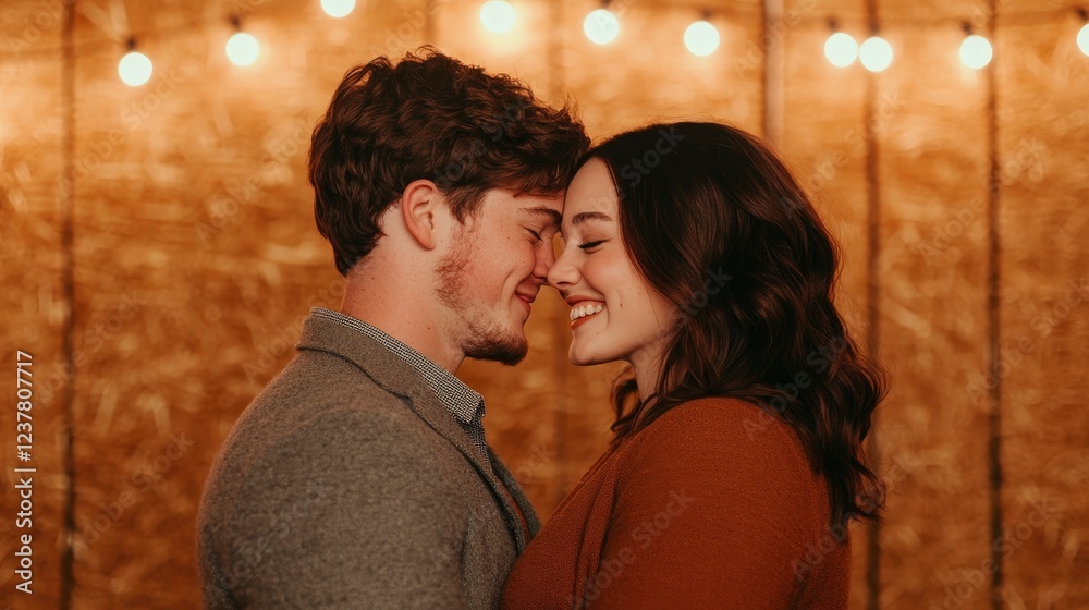 Romantic Couple Smiling Together Under Soft Lights in Cozy Setting Romantic Couple Smiling Together Under Soft Lights in Cozy Setting