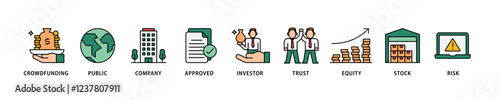 Ipo icon set flow process which consists of crowdfunding, public company, approved, investor, trust, equity, stock and risk icon live stroke and easy to edit .