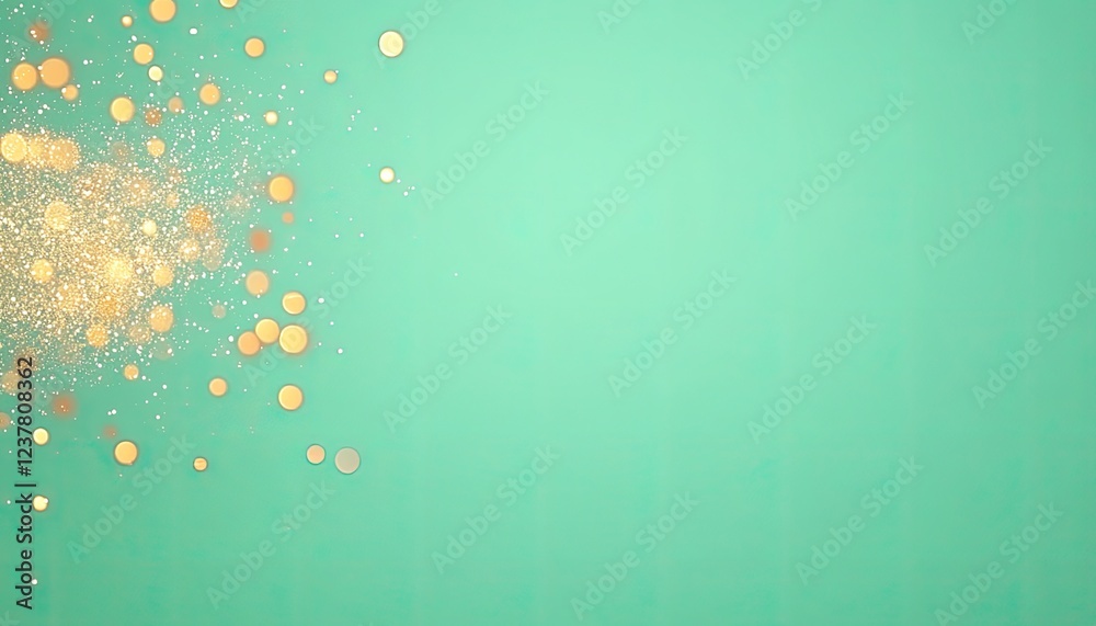 Sparkling golden confetti scattered on a vibrant turquoise background, ideal for celebrations Sparkling golden confetti scattered on a vibrant turquoise background, ideal for celebrations