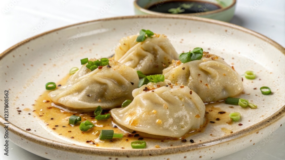 Steamed dumplings with sesame oil and scallions on a ceramic plate, Northern China cuisine, Chinese culinary Steamed dumplings with sesame oil and scallions on a ceramic plate, Northern China cuisine, Chinese culinary