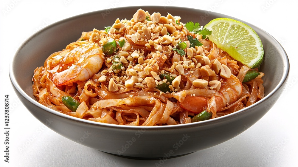 Delicious Shrimp Noodles with Peanuts and Lime in Elegant Bowl Delicious Shrimp Noodles with Peanuts and Lime in Elegant Bowl