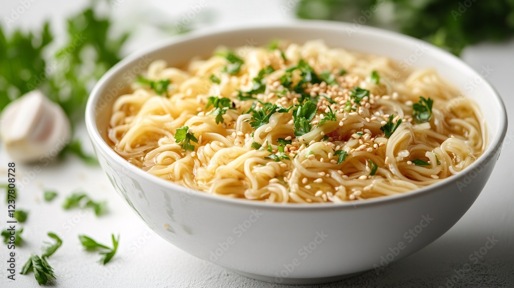 Delicious Bowl of Noodles with Herbs and Sesame Seeds garnish Delicious Bowl of Noodles with Herbs and Sesame Seeds garnish