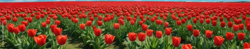 stunning red tulips scattered across a green grassy field with a clear blue sky above , red tulip field, nature, agriculture stunning red tulips scattered across a green grassy field with a clear blue sky above , red tulip field, nature, agriculture