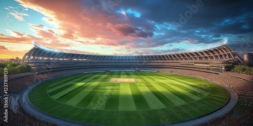 Cricket Stadium with a Sunset sky in the background, Cricket stadium Day view