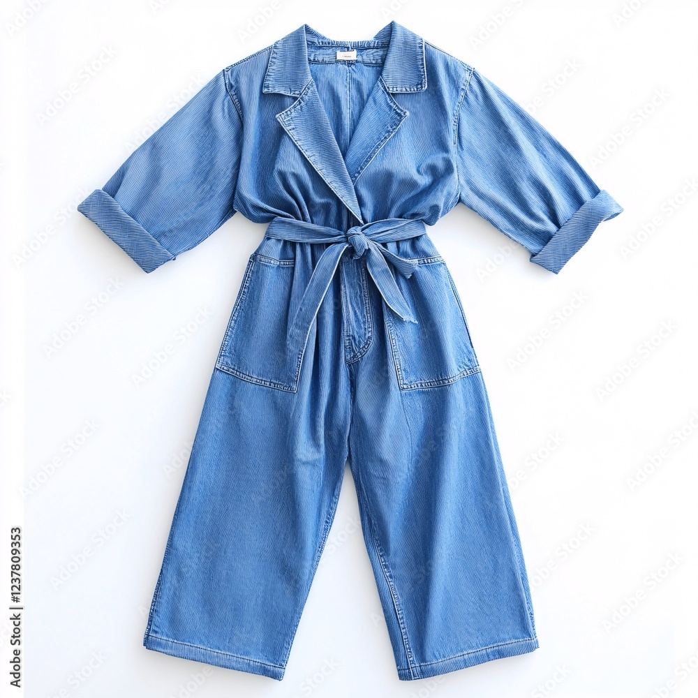 Stylish Blue Denim Jumpsuit with Rolled Sleeves and Belted Waist Stylish Blue Denim Jumpsuit with Rolled Sleeves and Belted Waist