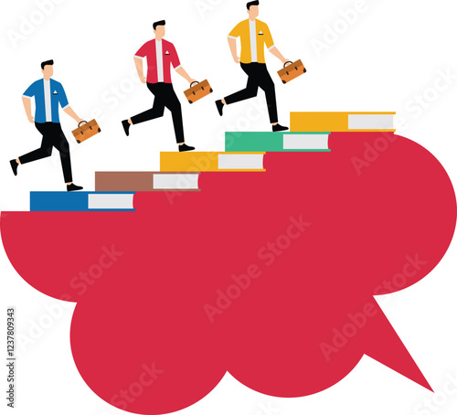 Advice, counsel or guidance, book knowledge or education to guide or direct a businessman's career path or business finance, a businessman walking on a linguistic bubble made of books