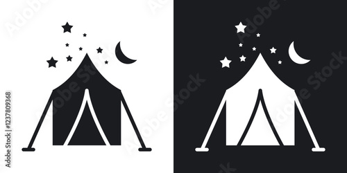 Night camping icons in solid black and white collection