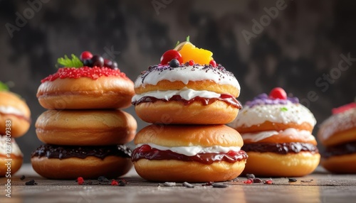 Sufganiyot donuts stacked on top of each other, jelly filled, sufganiyot photo