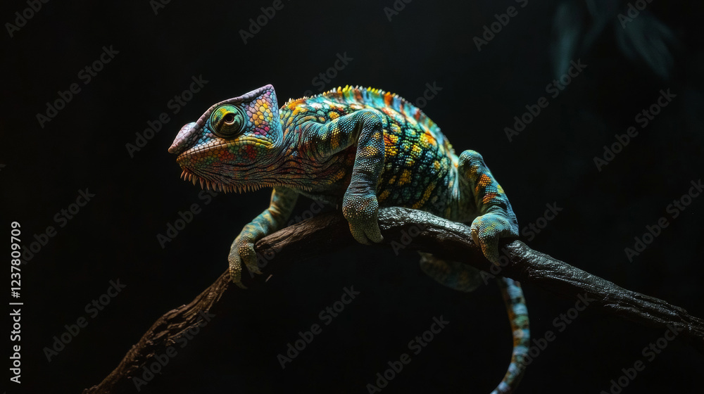 Fototapeta premium Beautiful of chameleon panther, chameleon panther on branch, chameleon panther closeup, Chameleon panther on branch with black backround,
