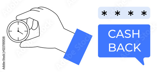 Hand holding a small clock next to the text CASH BACK in a speech bubble with stars above. Ideal for time management, rewards programs, efficiency, financial planning, savings, customer loyalty