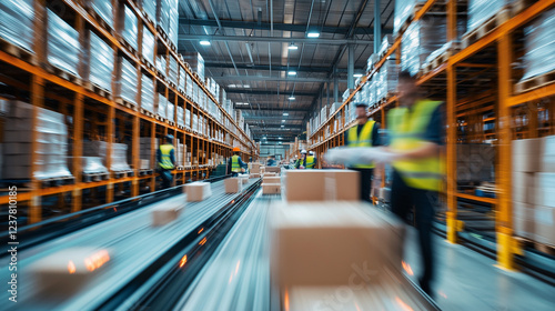 A massive e-commerce fulfillment center with neatly stacked parcels labeled with barcodes. The background shows computer screens, automated conveyor belts, and an advanced inventory system.