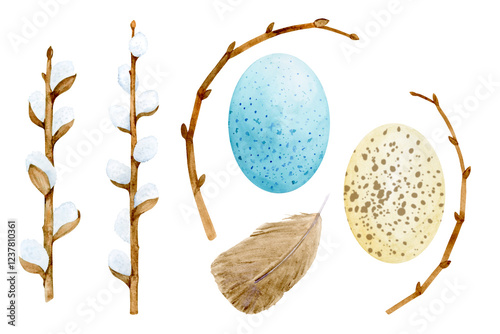 Wallpaper Mural A set of Easter watercolor clipart with Easter eggs, basket, twigs and bows, isolated on a white background Torontodigital.ca