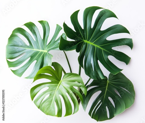 Lush Monstera leaves, studio shot, white background, botanical design
