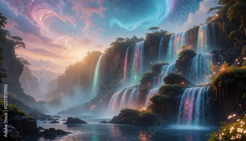 Magical Waterfall Landscape with Rainbow Lights at Sunset