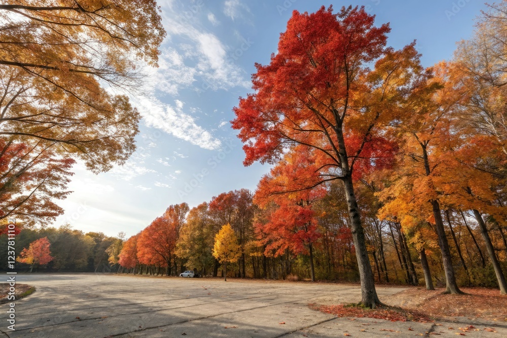 Tall trees with vibrant red and orange leaves against a sunny sky, fall colors, maple trees Tall trees with vibrant red and orange leaves against a sunny sky, fall colors, maple trees