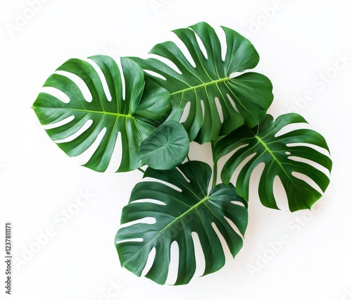 Lush tropical leaves arranged on white background for design