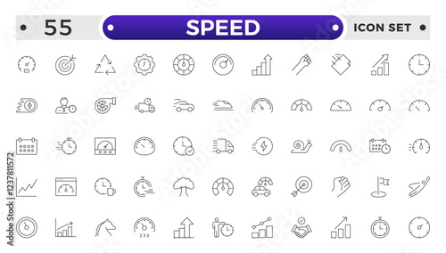 Speed icon set. Containing fast, slow, movement, productivity, indicator, turbo, speeding, gauge, express and speedometer icons. Outline icon collection.
