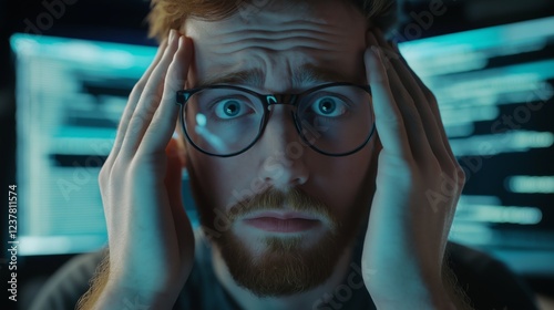 Anxious Programmer Holding His Head, Surrounded by Screens with Code. Realistic Coding Scene.