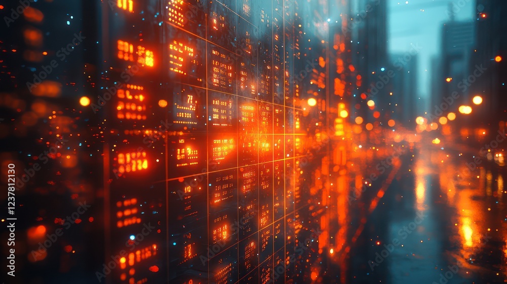 Fototapeta premium Cyberpunk Cityscape: Digital Rain and Urban Glow