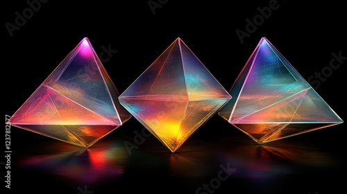 Glowing tetrahedrons, dark background, studio shot, abstract art