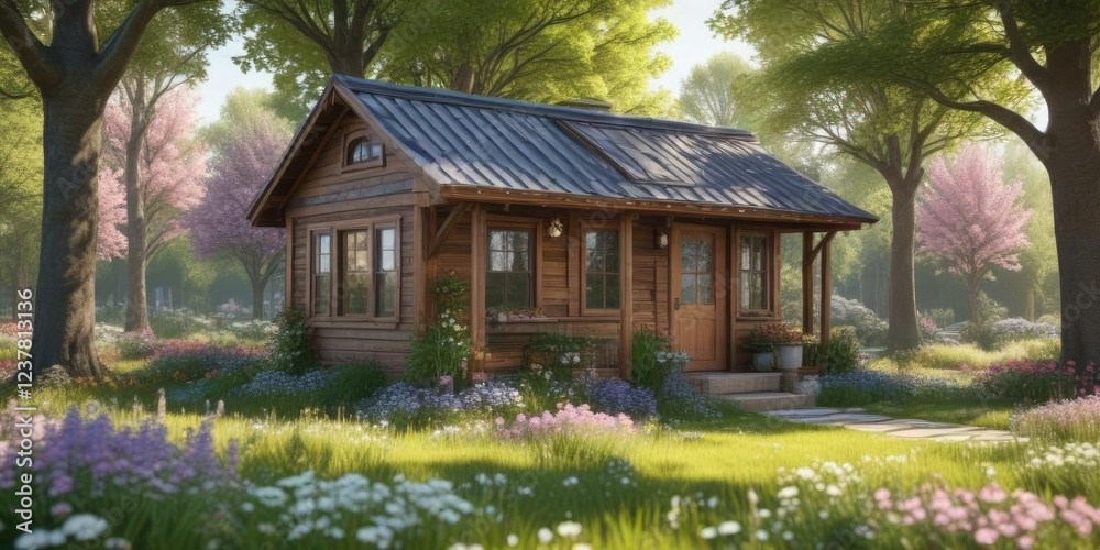 Tiny house nestled among spring flowers and trees, greenery, blossoms Tiny house nestled among spring flowers and trees, greenery, blossoms