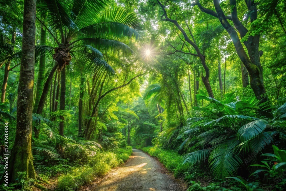 Fototapeta premium Sunlit Path Through Lush Tropical Foliage, Winding Through a Verdant Canopy of Palm Trees and Other Exotic Plants