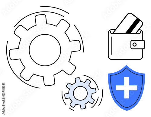 Gears in motion, wallet with credit card, and shield with cross emphasize security and efficiency. Ideal for finance, banking, healthcare, protection, security technology and automation. Line