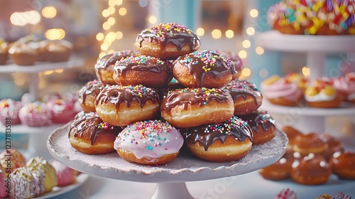 Fresh paczki with chocolate drizzle and sprinkles at a street vendor stall.