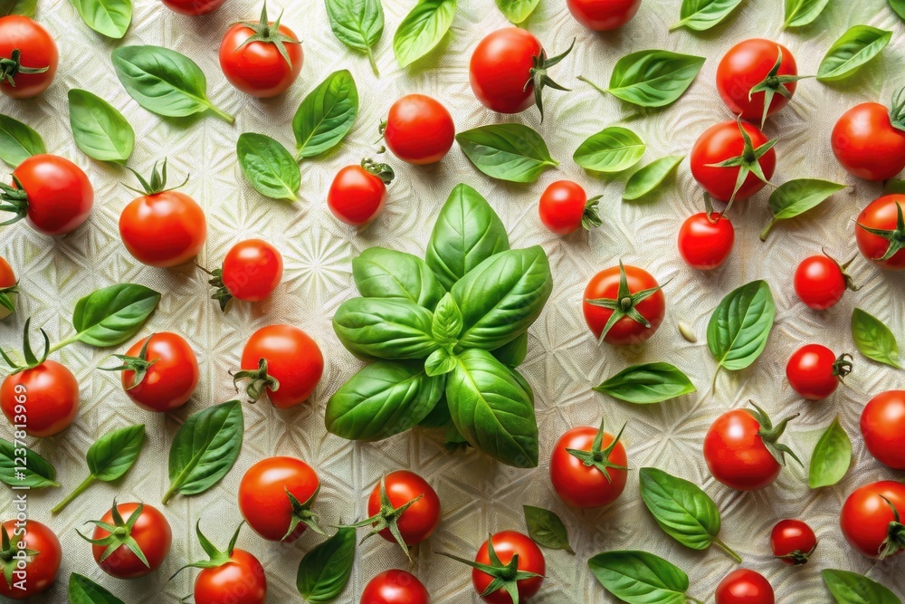 A vibrant arrangement of ripe red tomatoes and fresh green basil leaves on a textured surface A vibrant arrangement of ripe red tomatoes and fresh green basil leaves on a textured surface