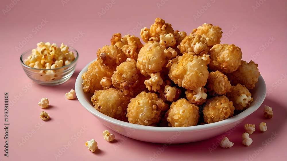 A shiny Popcorn Chicken food set against a pink background. A shiny Popcorn Chicken food set against a pink background.