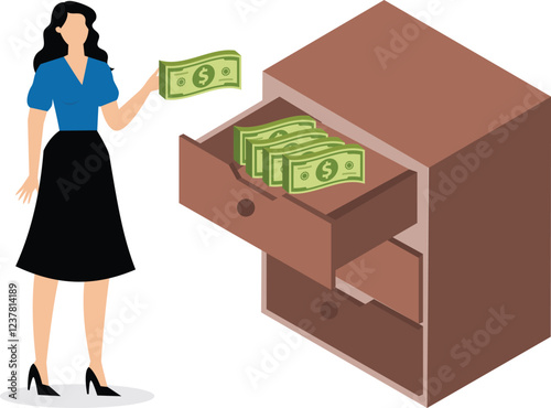 Wealth management, money saved, consumer negativity, retirement funding programs, businesswomen taking bills and saving them inside a drawer