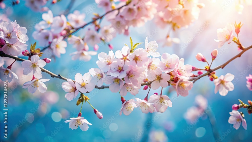 Delicate Pink Blossoms on Branch, Sunlit Springtime Scene, Gentle Breeze, Soft Focus, Vibrant Nature, Serene Tranquility Delicate Pink Blossoms on Branch, Sunlit Springtime Scene, Gentle Breeze, Soft Focus, Vibrant Nature, Serene Tranquility