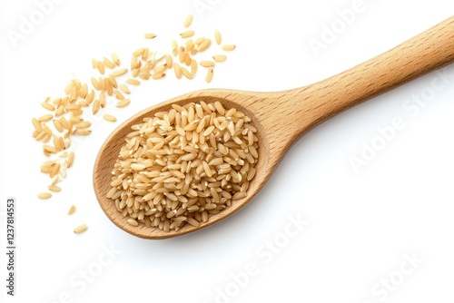 Brown rice in wooden spoon uncooked and hulled isolated on white background photo
