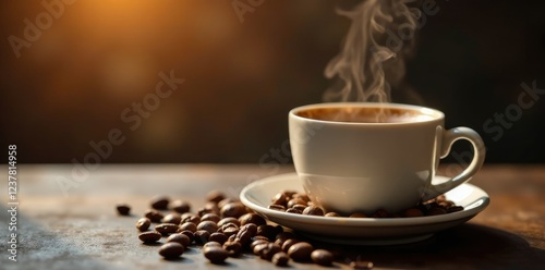 Steaming coffee cup with beans scattered around it, aromatic, morning, coffee